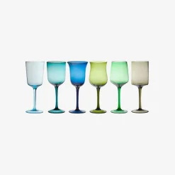 Hot Set Of 6 Glasses Assorted Shapes Nuances Blue Green - Red Wine Tableware