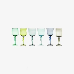 Clearance Set Of 6 Goblets Adorned Stems Mixed Shapes - Blue Green Tableware