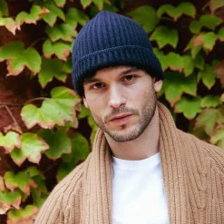 Pure Cashmere Fisherman'S Rib Hat - Navy Blue Knitwear