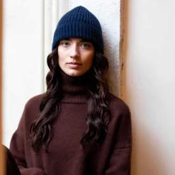 Pure Cashmere Fisherman'S Rib Hat - Navy Blue Knitwear