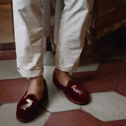 Sale X Allagiulia Artisanal Burgundy Velvet Embroidery Loafers For Men