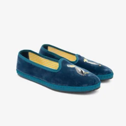 New X Allagiulia Petrolium Blue Velvet Loafers With Pellican Embroidery For Men