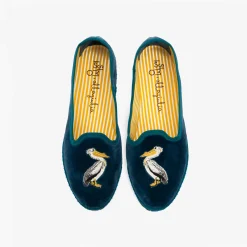 New X Allagiulia Petrolium Blue Velvet Loafers With Pellican Embroidery For Men