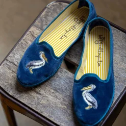 New X Allagiulia Petrolium Blue Velvet Loafers With Pellican Embroidery For Men
