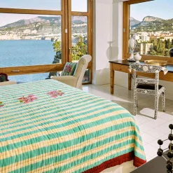 Clearance X Lisa Corti Bougainvillea White Veronese Stripes Quilt Bedroom