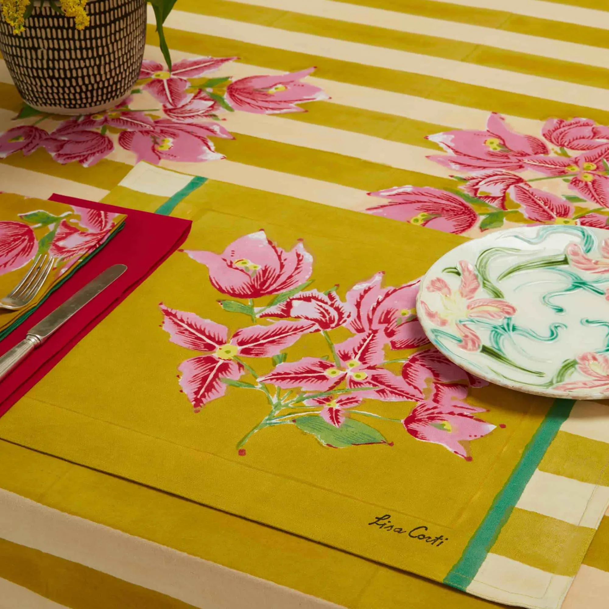X Lisa Corti Bougainvillea Mustard Stripes Napkin Tableware