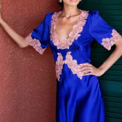 X Loretta Caponi Monica Short Sleeve Dress Blue Dresses