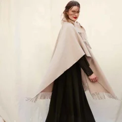 Hot - Long Fringed Cape Beige Outerwear