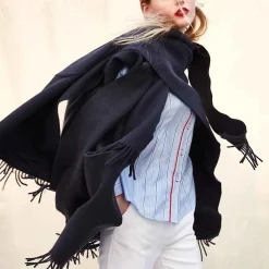 Best - Long Fringed Cape Dark Blue Outerwear